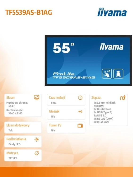 IIYAMA Monitor 55 cali TF5539AS-B1AG,IPS,4K,HDMIx2,DP,RJ45,3xUSB,2x10W,      ANDROID,24/7,IP65