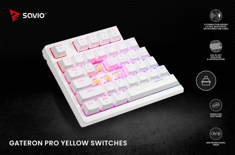 Savio Klawiatura mechaniczna bezprzewodowa PHENIX WHITE Gateron Red Pro, ABS