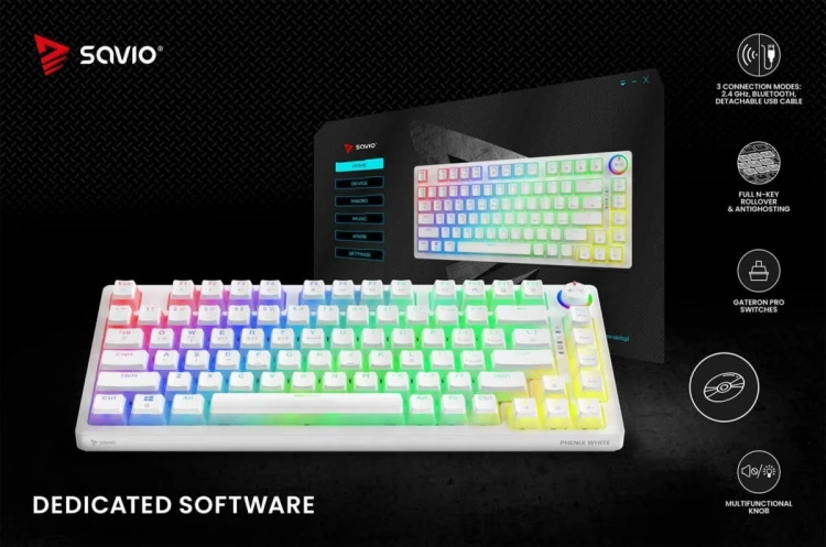 Savio Klawiatura mechaniczna bezprzewodowa SAVIO PHENIX WHITE Gateron Yellow, Pudding