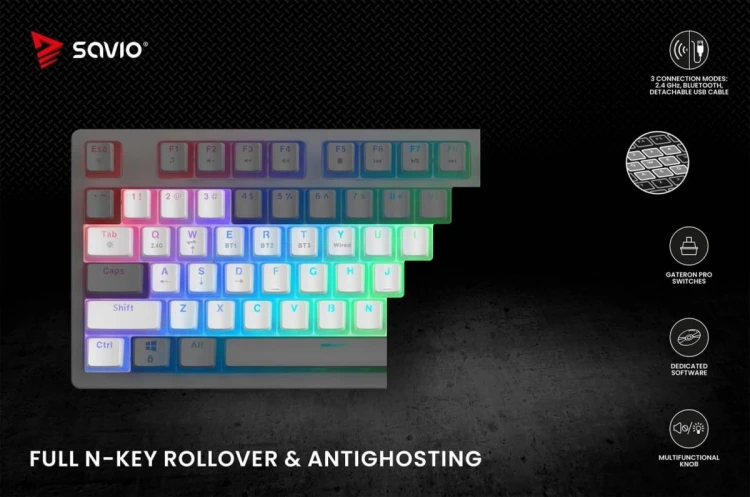 Savio Klawiatura mechaniczna bezprzewodowa SAVIO PHENIX WHITE Gateron Yellow, Pudding