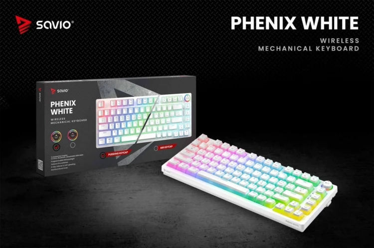 Savio Klawiatura mechaniczna bezprzewodowa SAVIO PHENIX WHITE Gateron Yellow, Pudding