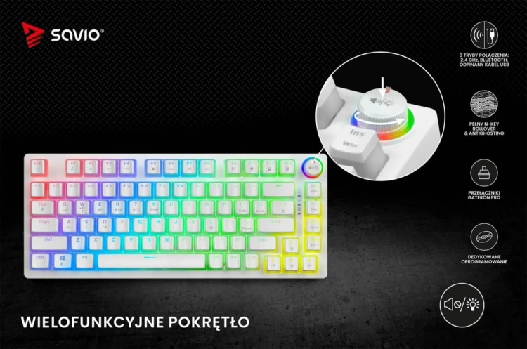 Savio Klawiatura mechaniczna bezprzewodowa SAVIO PHENIX WHITE Gateron Yellow, Pudding