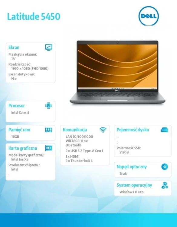 Dell Notebook Latitude 5450 Win11Pro i5-1345U/16GB/512GB SSD Gen4/14.0' FHD/Intel Iris Xe/FgrPr&amp;SmtCd/FHD/IR Cam/Mic/WLAN+BT/Backlit Kb/3C/vPro/3YPS