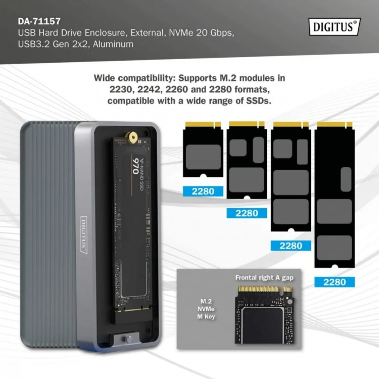 Digitus Obudowa USB 3.2 Typ C na dysk SSD M.2 NVMe 20 Gbps aluminiowa, beznarzędziowa