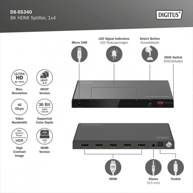 Digitus Rozdzielacz/Splitter HDMI 1x4, 8K/60Hz (4:4:4) z HDR, 48 Gbps, HDCP 2.3. Toslink / Stereo, EDID