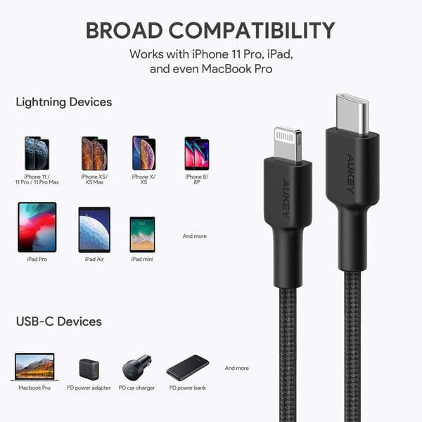 AUKEY CB-CL03 Black nylonowy kabel Lightning-USB C | USB Power Delivery USB-PD | 2m | certyfikat MFi Apple