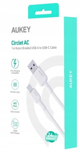 AUKEY CB-NAC1 White nylonowy kabel USB C - USB A | 1m | 3A | 60W PD | 20V