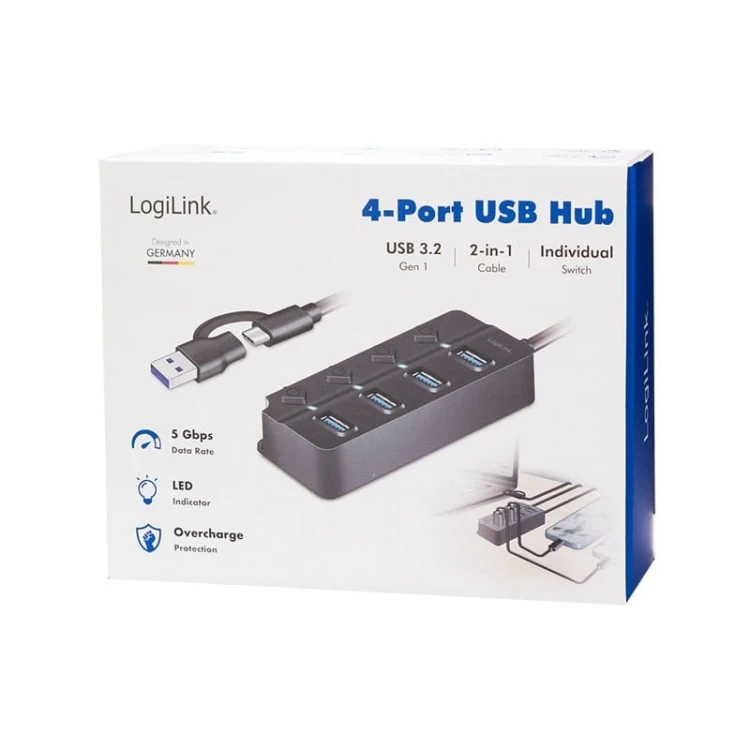 LogiLink HUB 4xUSB-A, Gen1, 4x ON/OFF, czarny