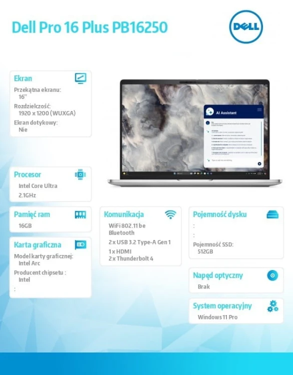 Dell Laptop Dell Pro 16 Plus PB16250 W11P Ultra 5 236V/16GB/512GB SSD G4/16.0 FHD+/Arc/FgrPr&amp;SmtCd/FHD/IRCam/Mic/WLAN+BT/BcklKb/3C/vPro/3YPS Aluminum