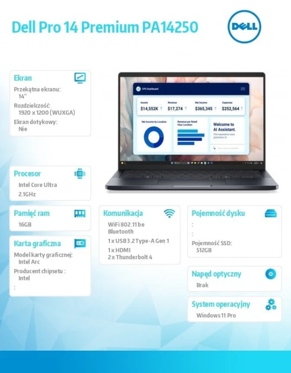 Dell Laptop Dell Pro 14 Premium PA14250 W11P Ultra 5 236V/16GB/512GB/14.0 FHD+ 400nit/Arc/FgrPr/Cams&amp;Mic/WLAN+BT/BcklKb/3C/vPro/3YPS Magnesium