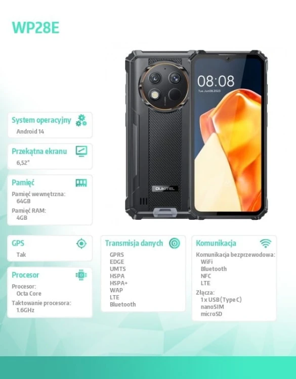 OUKITEL Smartfon WP28E 4G 4/64GB IP69K Czarny