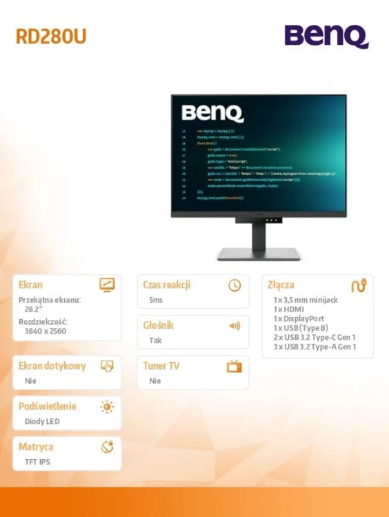 Benq Monitor 28 cali RD280U 4K IPS 5ms/IPS/1200:1/HDMI/DP