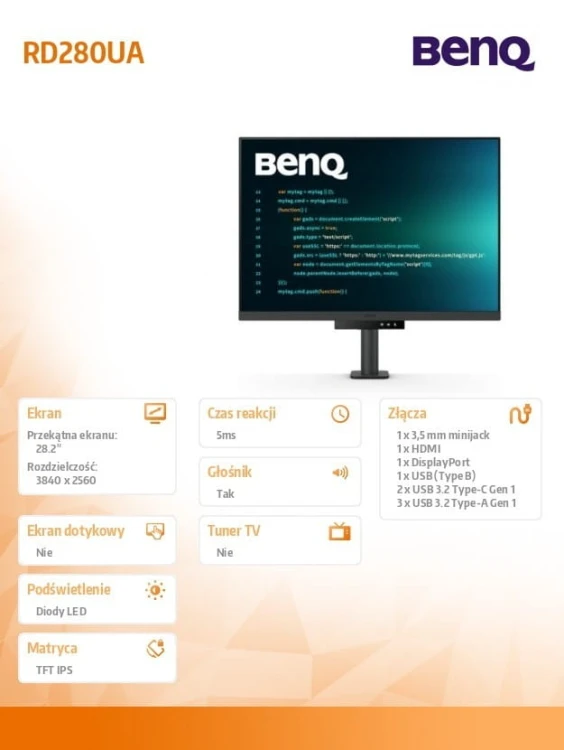 Benq Monitor 28 cali RD280UA 4K IPS 5ms/IPS/1200:1/HDMI/DP