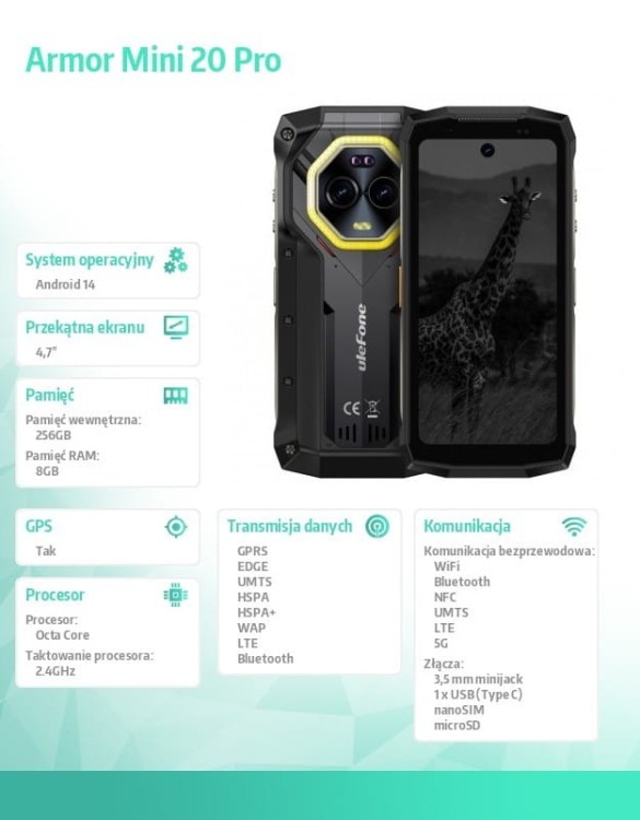 ULEFONE Smartfon Armor Mini 20 Pro 4G 8/256GB IP69K Czarny