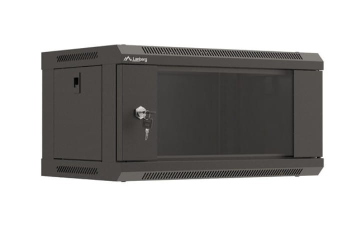 Lanberg Szafa instalacyjna rack wisząca 19" 4U 540x350 czarna drzwi   przeszklone ( flat pack)