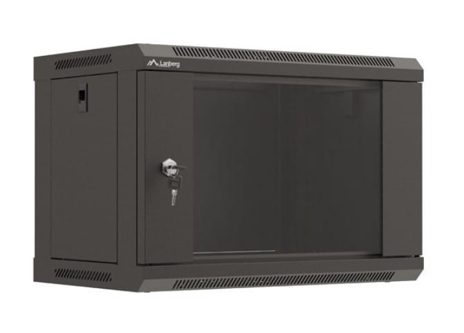 Lanberg Szafa instalacyjna rack wisząca 19" 6U 540x350 czarna drzwi  przeszklone ( flat pack)