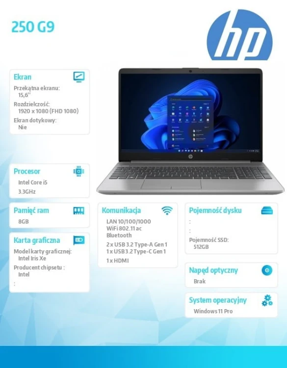 HP Inc. Notebook 250 G9 i5-1235U 512GB/8GB/W11P/15.6 6F2C7EA