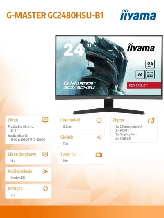 IIYAMA Monitor 24 cale GC2480HSU-B1,VA,180HZ,1500R,USBx2,0,5ms,300cd