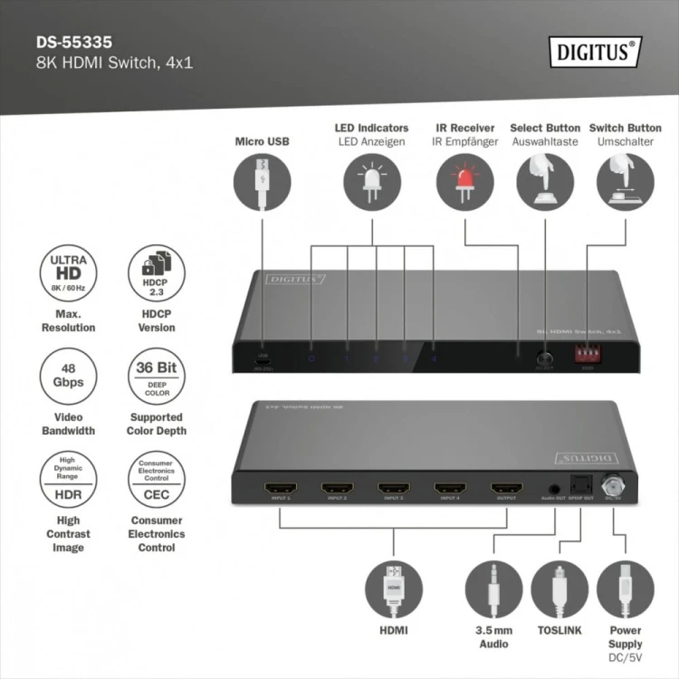 Digitus Przełącznik / Switch HDMI 4x1, 8K/60Hz (4:4:4) z HDR, 48 Gbps, HDCP 2.3, Toslink / Stereo, EDID