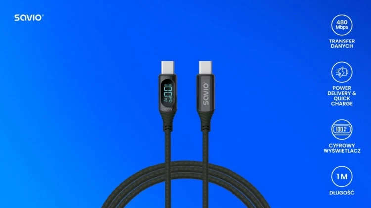 Savio Kabel USB - USB C z wyświetlaczem, 100W, CL-174