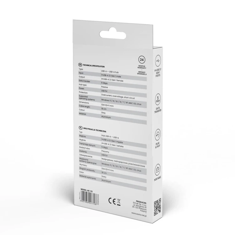 Savio 4-portowy HUB USB 3.1 Gen 1, AK-53