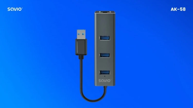 Savio Hub AK-58 3-portowy USB-A 3.1 Gen 1 z adapterem RJ-45 Gigabit Ethernet