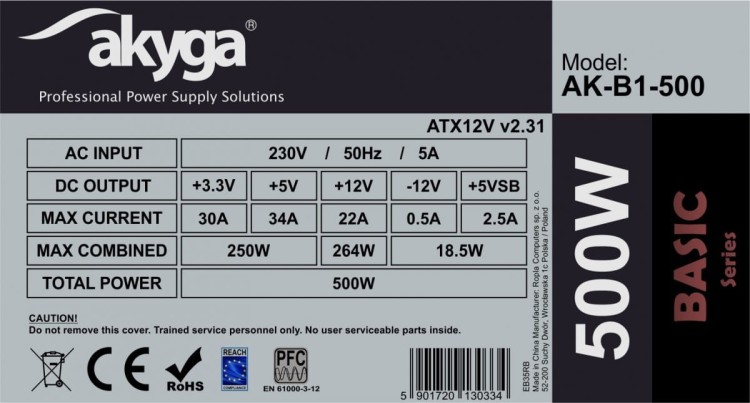 AKYGA Zasilacz ATX 500W AK-B1-500 P4 PCI-E 6+2 pin 3x SATA 2x Molex PPFC  FAN 12cm