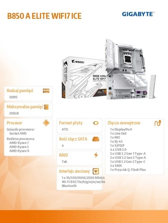 Gigabyte Płyta główna B850 A ELITE WIFI7 ICE