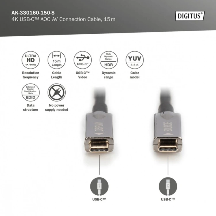 Digitus Kabel połączeniowy hybrydowy AOC USB 3.1 Typ C/USB Typ C 4K 60Hz 15m