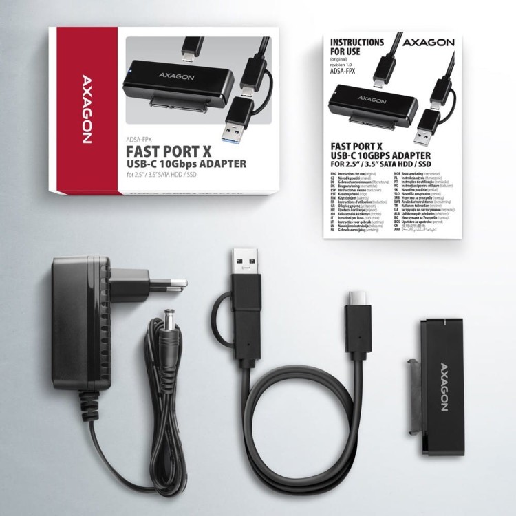 AXAGON ADSA-FPX Adapter USB-C 10Gbps SATA 6G 2.5"/3.5" SSD/HDD FASTPORT X, w tym zasilacz, 60cm USB-C/USB-A kabel