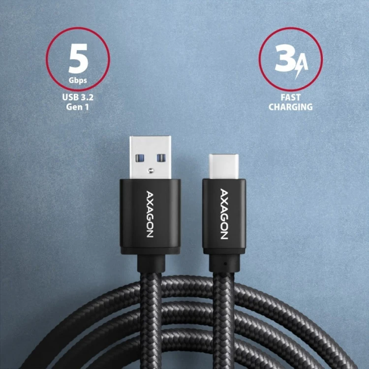AXAGON BUCM3-AM20AB Kabel USB-C - USB-A 3.2 Gen 1, 2m, 3A, ALU, oplot, czarny