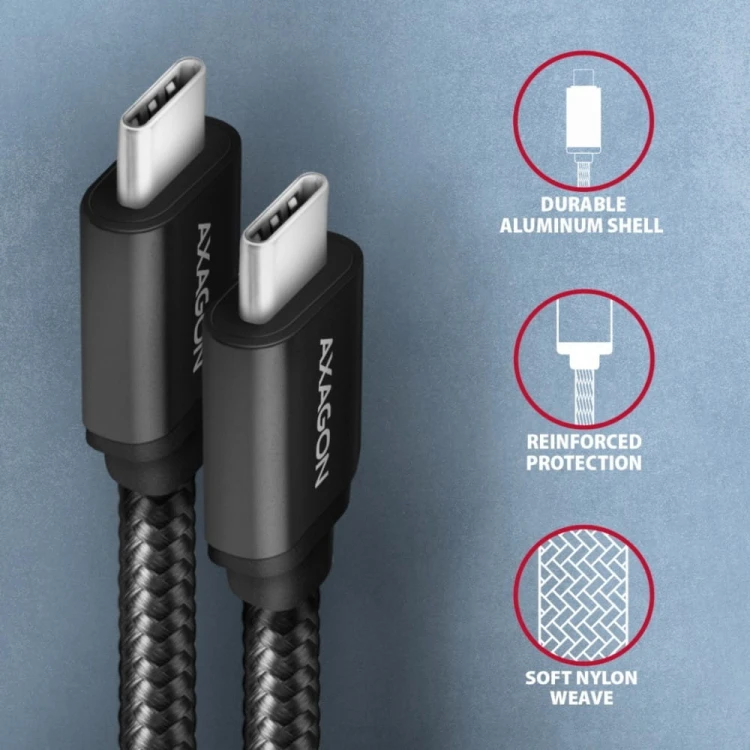 AXAGON BUCM3-CM20AB Kabel USB-C - USB-C 3.2 Gen 1, 2m, PD 60W, 3A, ALU, oplot, czarny