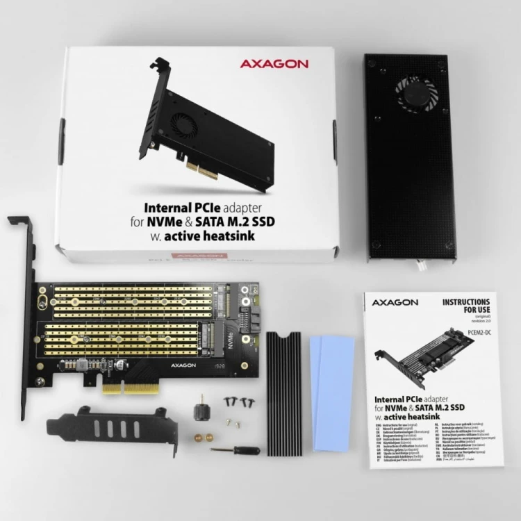 AXAGON PCEM2-DC Adapter wewnętrzny PCIe x4, 1x M.2 NVMe M-key + 1x SATA B-key slot, chłodnica, SP &amp; LP + radiator