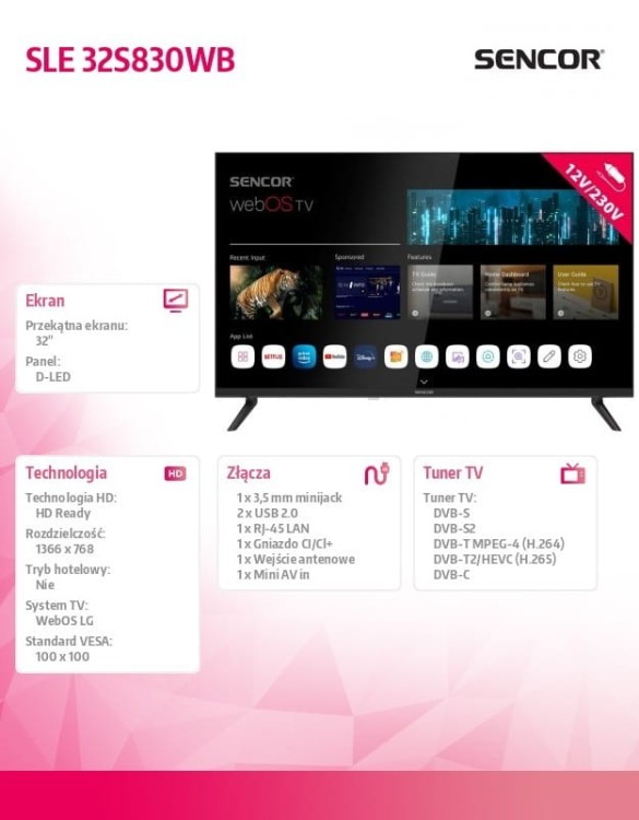 Sencor Telewizor 32 cale Smart webOS LG 12/240V SLE 32S830WB Wi-Fi BT5.0
