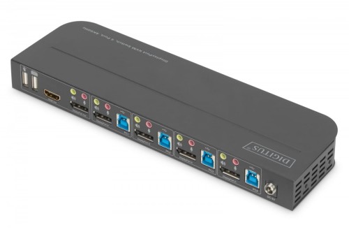 Digitus Przełącznik KVM, 4 portowy, 4K 60Hz, 4x DP IN, 1x DP OUT, 1x HDMI OUT, 2x USB A, 1x Audio IN&amp;OUT