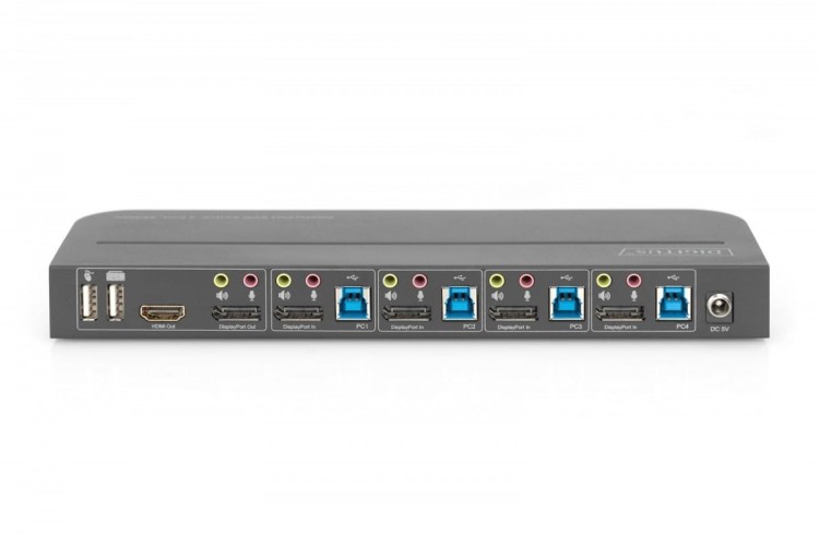 Digitus Przełącznik KVM, 4 portowy, 4K 60Hz, 4x DP IN, 1x DP OUT, 1x HDMI OUT, 2x USB A, 1x Audio IN&amp;OUT
