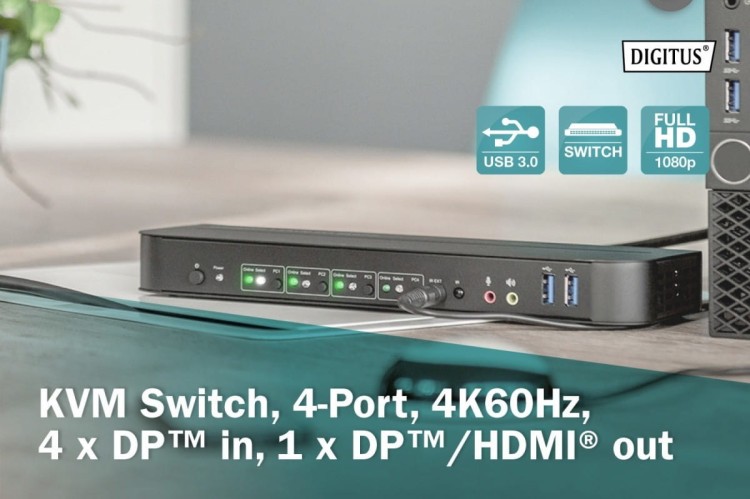 Digitus Przełącznik KVM, 4 portowy, 4K 60Hz, 4x DP IN, 1x DP OUT, 1x HDMI OUT, 2x USB A, 1x Audio IN&amp;OUT