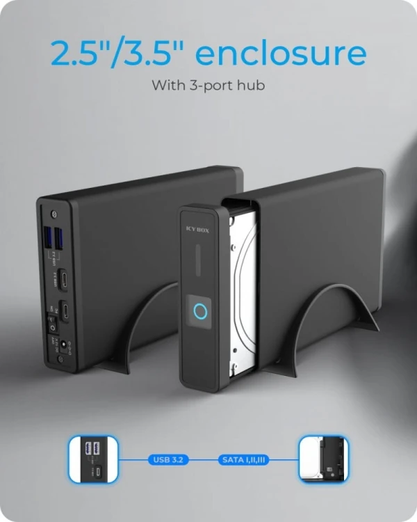 IcyBox Obudowa IB-382H-C31 2,5/3,5 HDD z wbudowanym HUB 1xUSB-C, 2xUSB -A,  12V2A