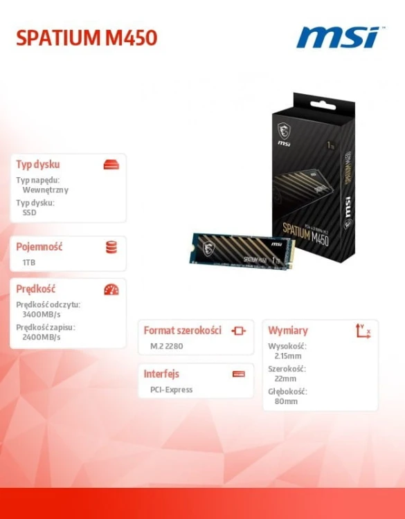 MSI Dysk SPATIUM M450 1TB V1 M.2 PCIe4 3600/3000MB/s