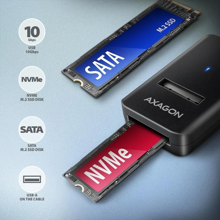 AXAGON ADM2-AM Adapter USB3.2 Gen 2 M.2 NVMe/SATA SSD 10Gbps 10cm USB-A cable