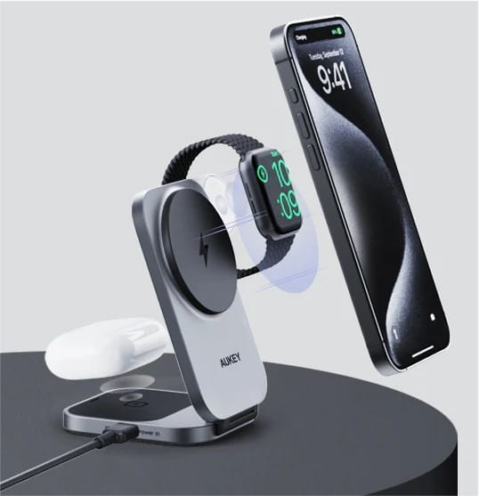 AUKEY LC-MC312 Slim 3w1 ładowarka bezprzewodowa MagSafe Qi2 15W  + ładowarka PD 30W + Etui