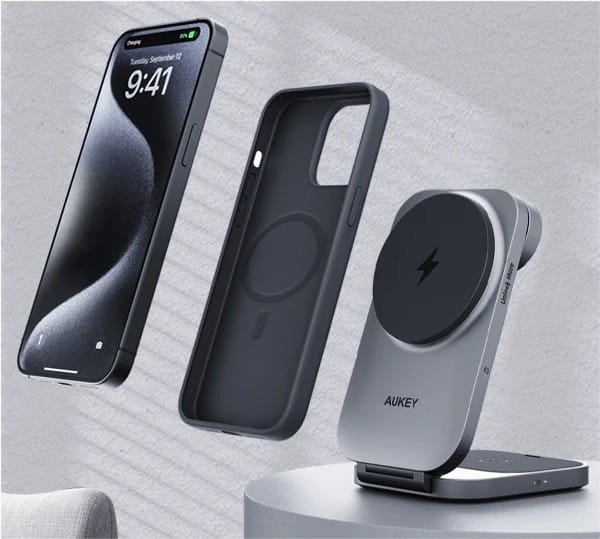 AUKEY LC-MC312 Slim 3w1 ładowarka bezprzewodowa MagSafe Qi2 15W  + ładowarka PD 30W + Etui