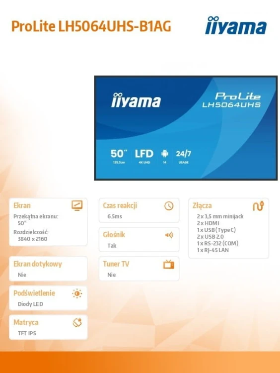 IIYAMA Monitor 50 cali LH5064UHS-B1AG, 24/7,IPS,ANDROID14,4K,500cd,1200:1,   2xHDMI ,USB-C,RJ45, RS-232c, IR, 2x10W, 2xUSB, UCHWYT ŚCIENNY,iiSignage2,