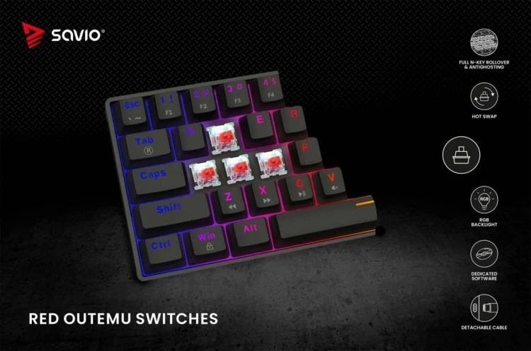Savio Klawiatura mechaniczna BLACKOUT X2  OUTEMU Red, Hot Swap