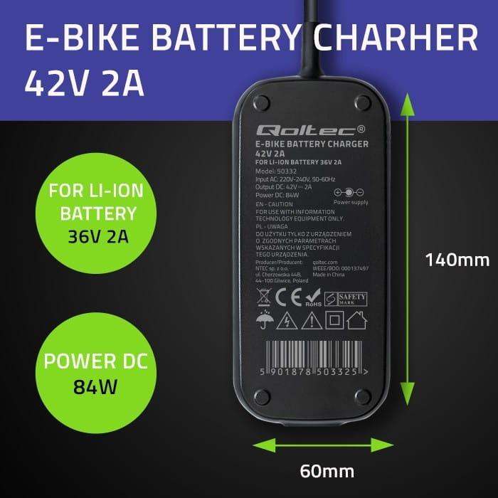 Qoltec Ładowarka do roweru skutera elektrycznego 36V | 42V | 2A | 5.5*2.1 | wodoodporna + kabel zasilający