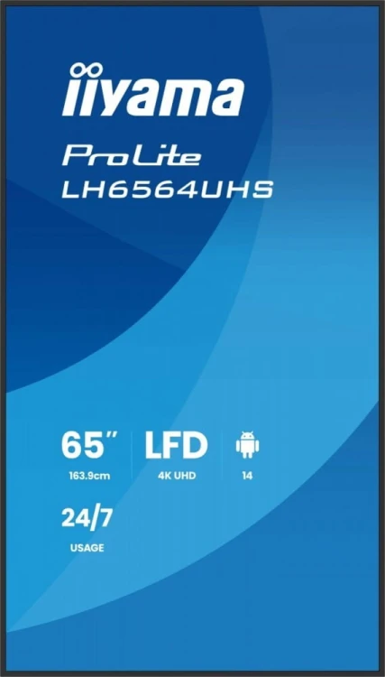 IIYAMA Monitor 65 cali LH6564UHS-B1AG, 24/7,VA,ANDROID14,4K,500cd,5000:1,    2xHDMI ,USB-C,RJ45, RS-232c, IR, 2x10W, 2xUSB, UCHWYT ŚCIENNY,iiSignage2,