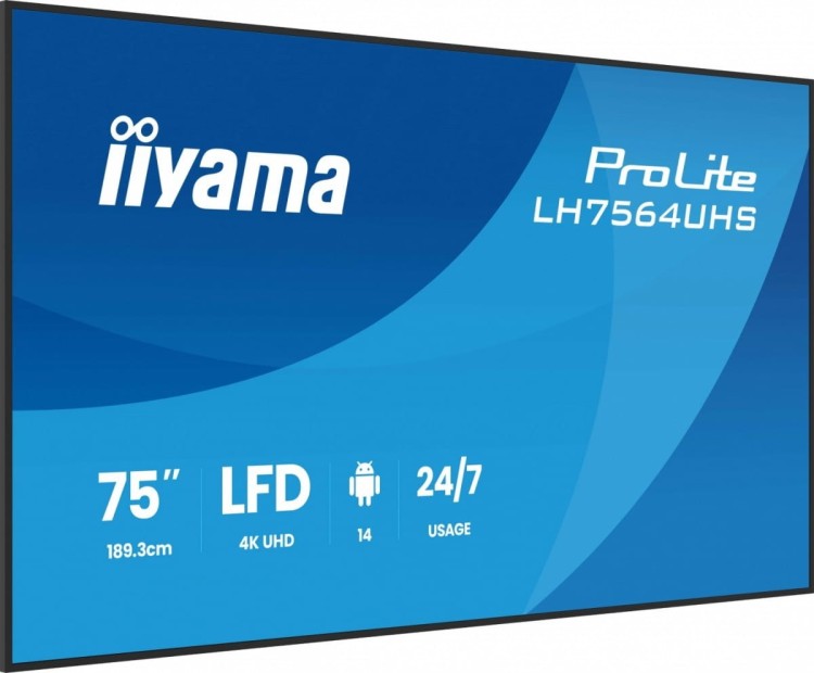 IIYAMA Monitor 75 cali LH7564UHS-B1AG, 24/7,VA,ANDROID14,4K,500cd,5000:1,    2xHDMI ,USB-C,RJ45, RS-232c, IR, 2x10W, 2xUSB, UCHWYT ŚCIENNY,iiSignage2,