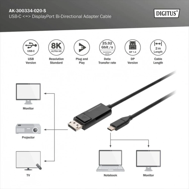 Digitus Kabel adapter USB Typ C/DisplayPort dwukierunkowy 8K 30Hz 2m
