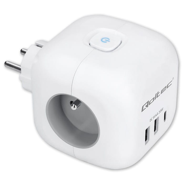 Qoltec Kostka zasilająca przedłużacz 6w1 z podświetlanym włącznikiem | 3x AC | 2x USB | 1x USB-C PD 20W | biała
