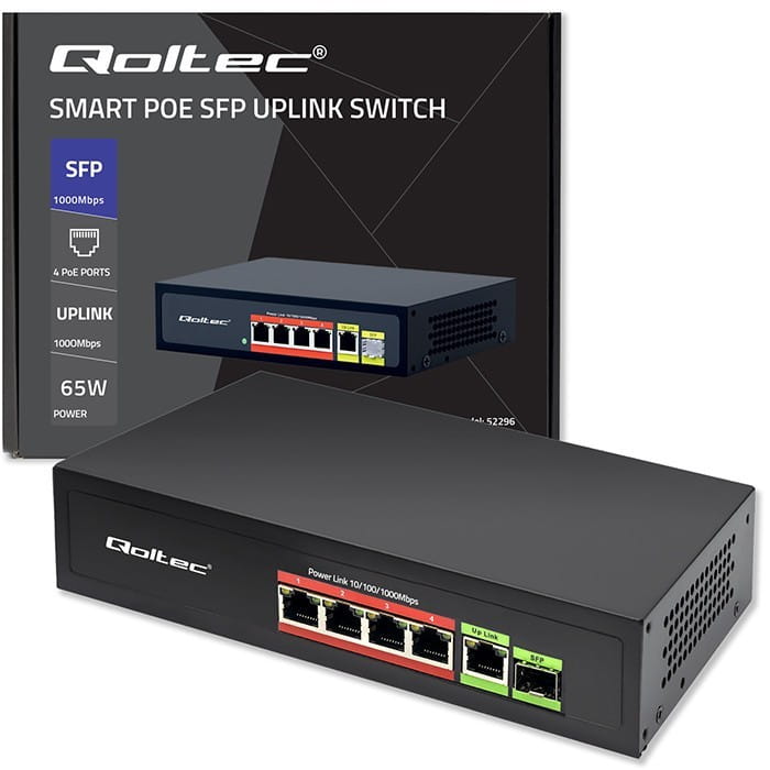 Qoltec Przełącznik sieciowy SWITCH FAST ETHERNET PoE 4x RJ45 PoE 1x RJ45Uplink 1x SFP | 65W | 1000 Mb/s